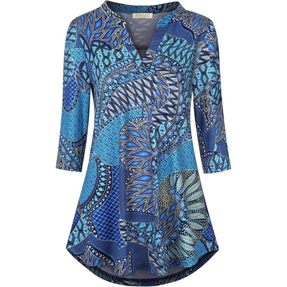 Tops - Women's Floral Notch V Neck Blouse 3/4 Sleeve Casual Work Vacation Top